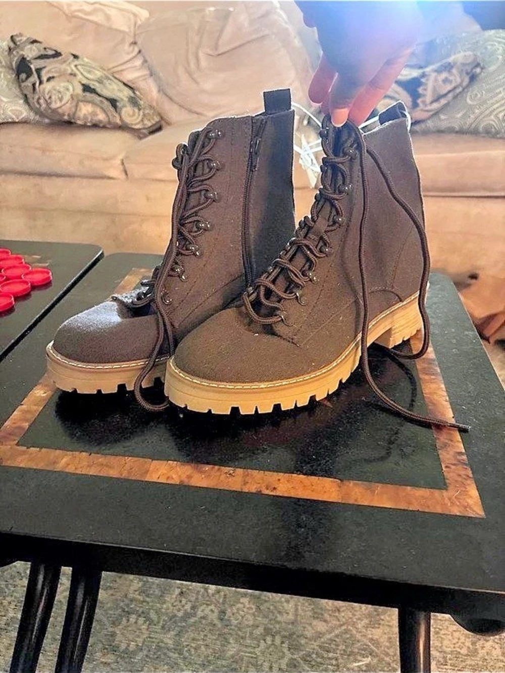 Women's Lace-Up Combat Boots with Lug Sole and Side Zipper
